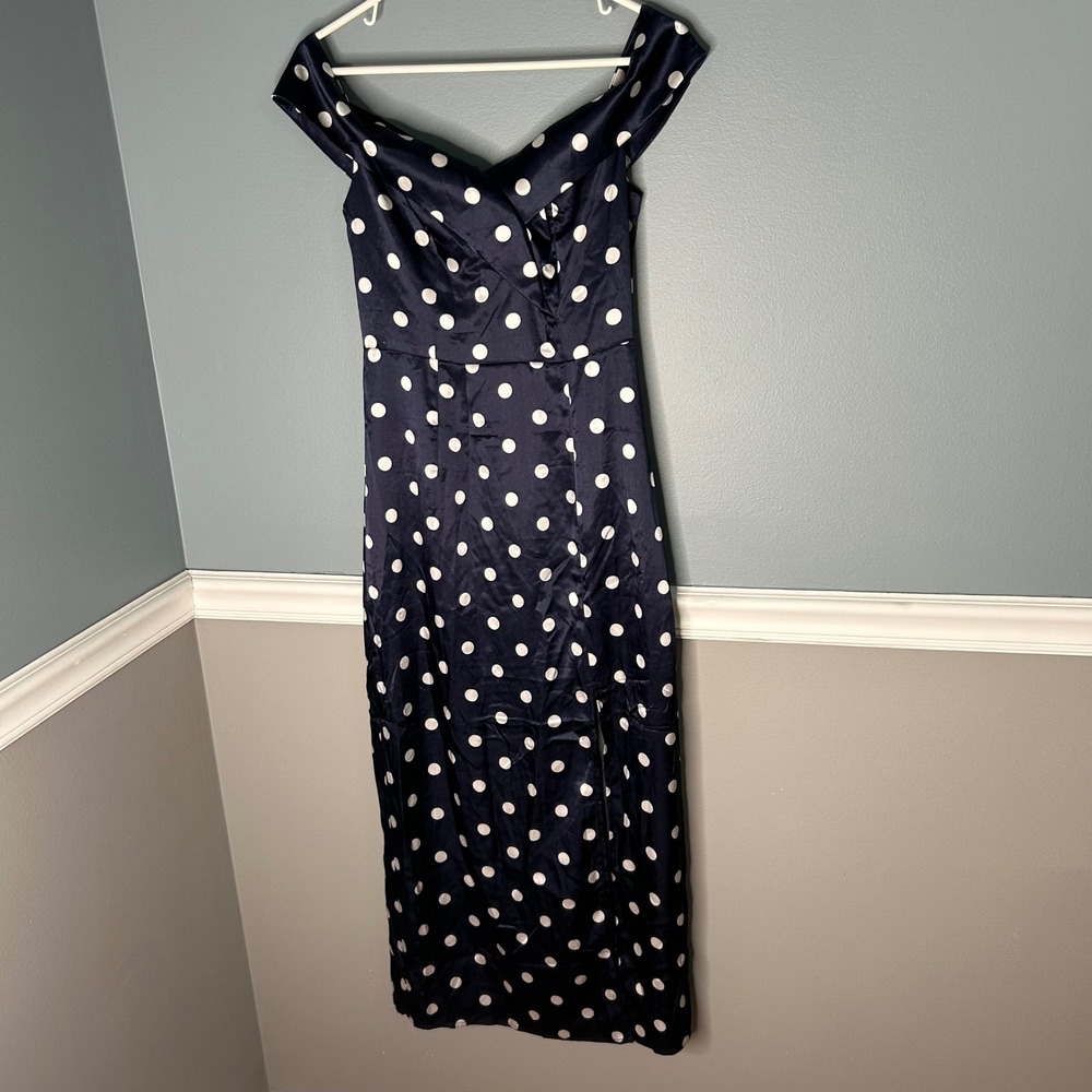 MOTF Navy Blue Polka Dot Off‎ Shoulder Dress XS pin up girl retro